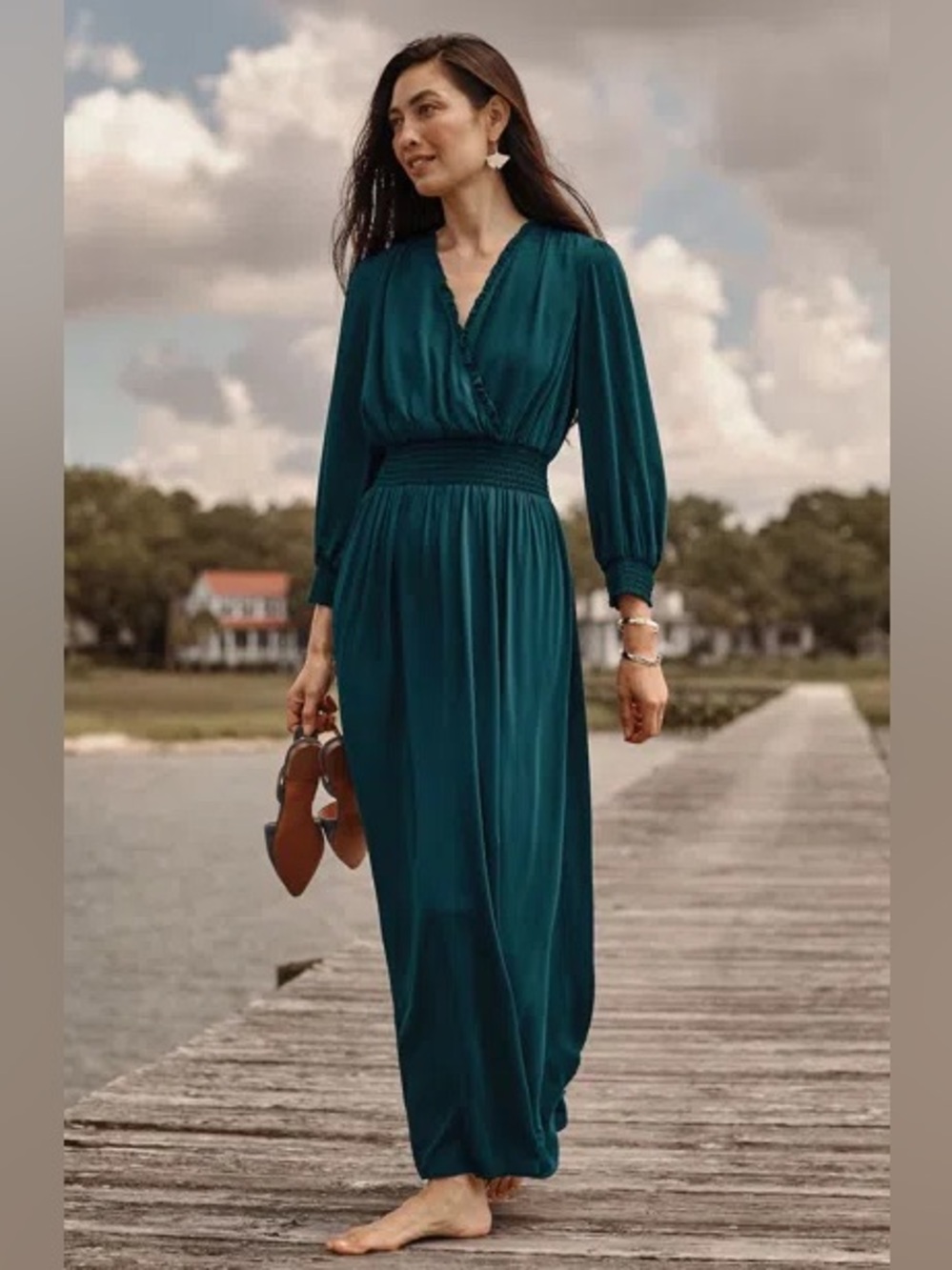 ✨J. Jill Women’s Smocked Sateen Maxi Dress Adriatic Size LP